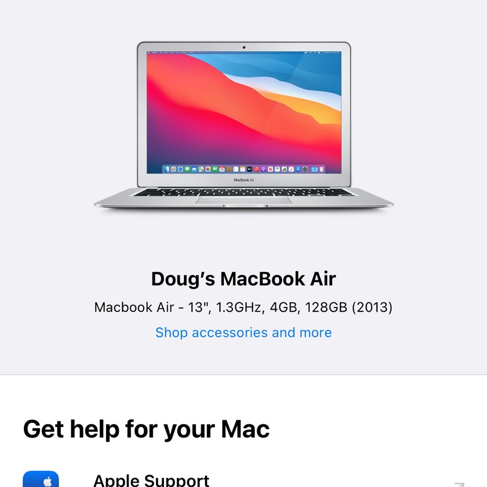 MacBook Air 13 inches bought in 2021. Like new works. Still has Apple Care